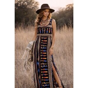 Vintage 1990's Just Choon USA Wood Beaded‎ Fringe Tribal Maxi Dress Size 3 Boho